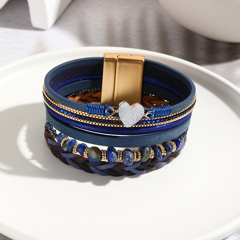MYK1981-Heart-shaped pendant, vintage handmade woven PU multi-layered rhinestone-encrusted ethnic style irregular pebble bracelet