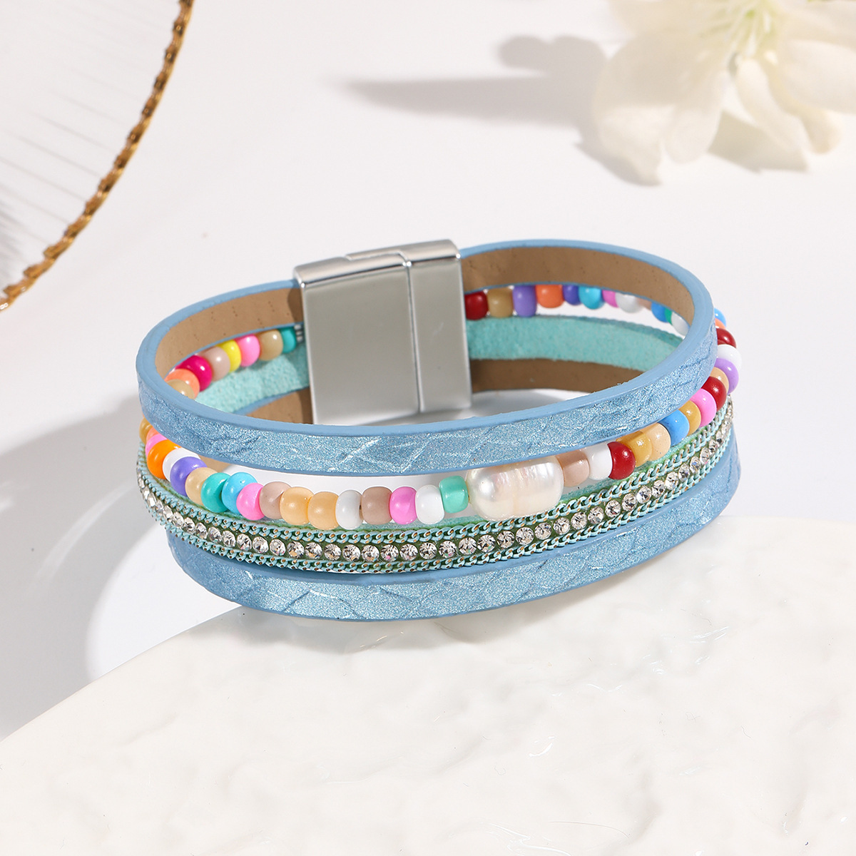 MYK1999-Bohemian style magnetic clasp leather bracelet with multi-layered wrapping.