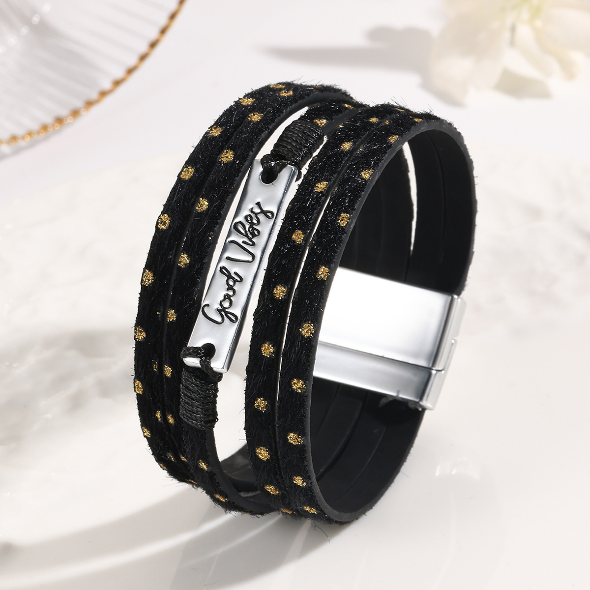 MYK1997-Bohemian ethnic style crystal iron multi-layer wide-edge leather bracelet