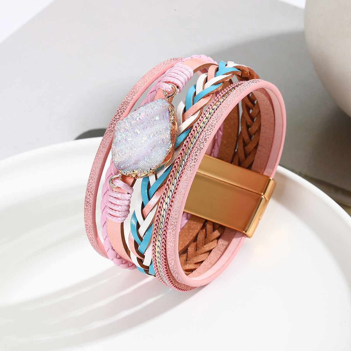 MYK1991-Bohemian ethnic style multi-layered leather hand-woven rhinestone magnetic clasp bracelet