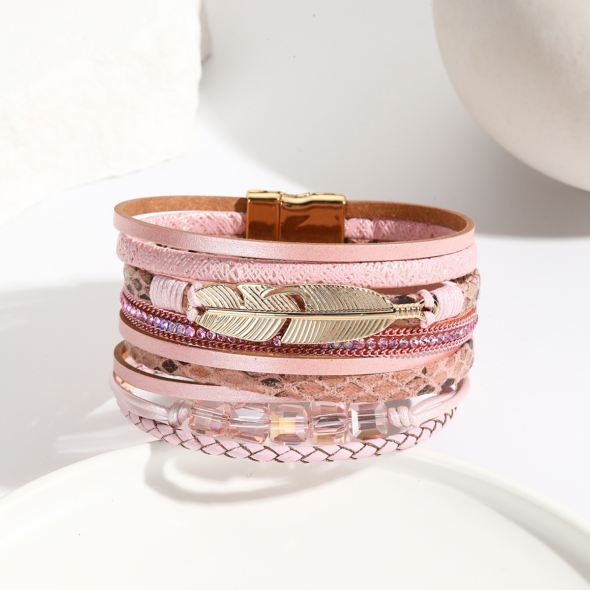 MYK1994-Hand-woven magnetic clasp fashion alloy feather multi-color bracelet