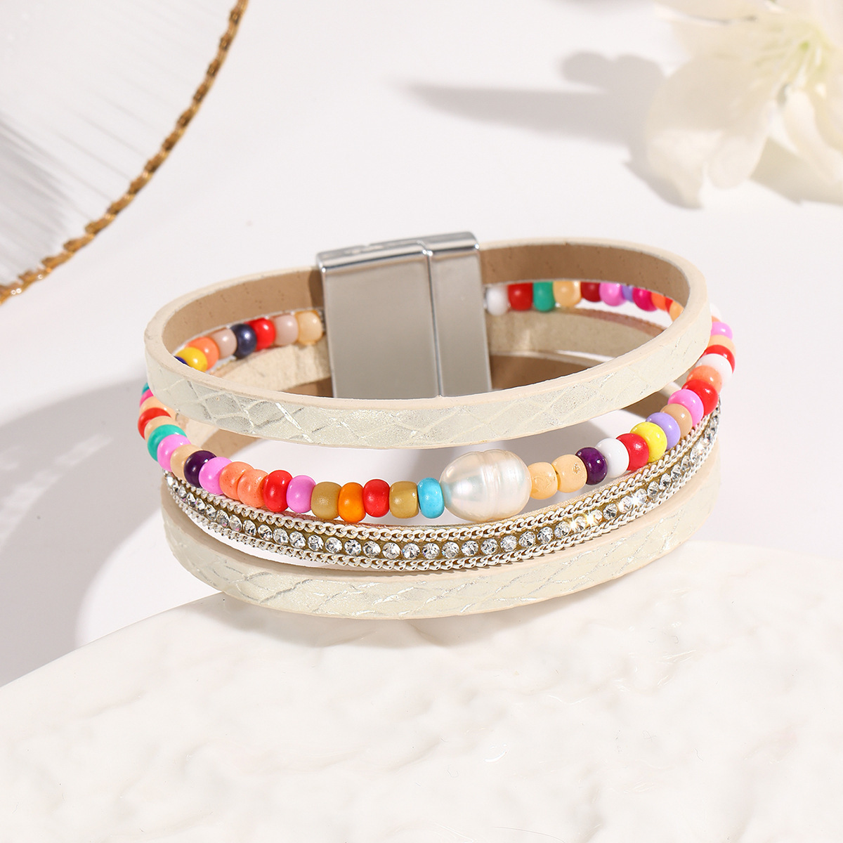 MYK1999-Bohemian style magnetic clasp leather bracelet with multi-layered wrapping.