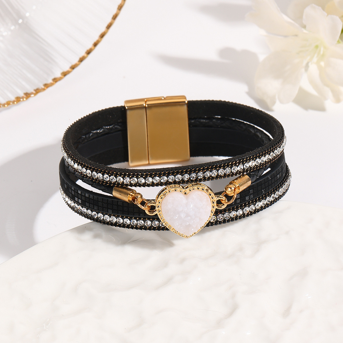 MYK1998-Leather woven heart-shaped crystal Bohemian diamond-encrusted magnetic clasp bracelet