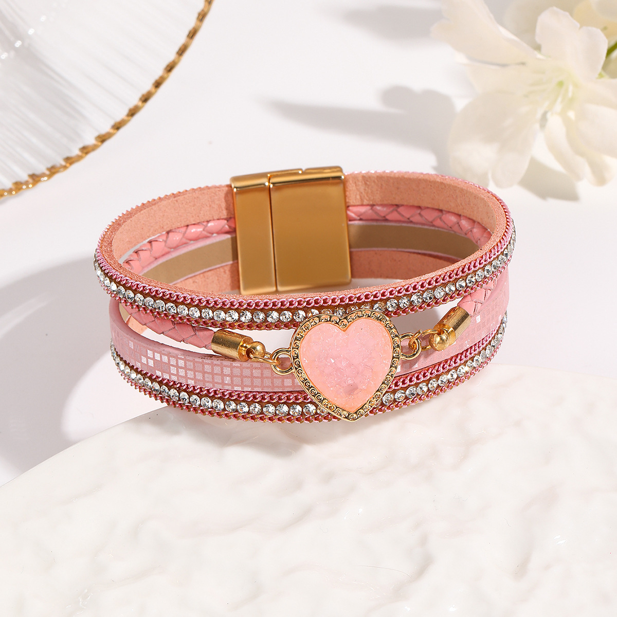 MYK1998-Leather woven heart-shaped crystal Bohemian diamond-encrusted magnetic clasp bracelet