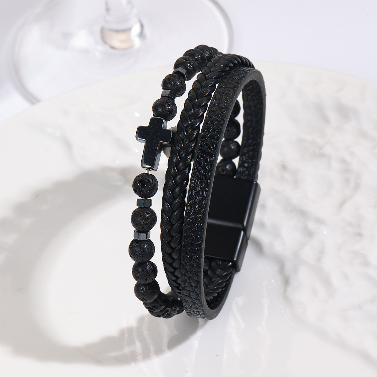 MYK1996-Natural stone men's leather woven beaded alloy magnetic clasp cross bracelet