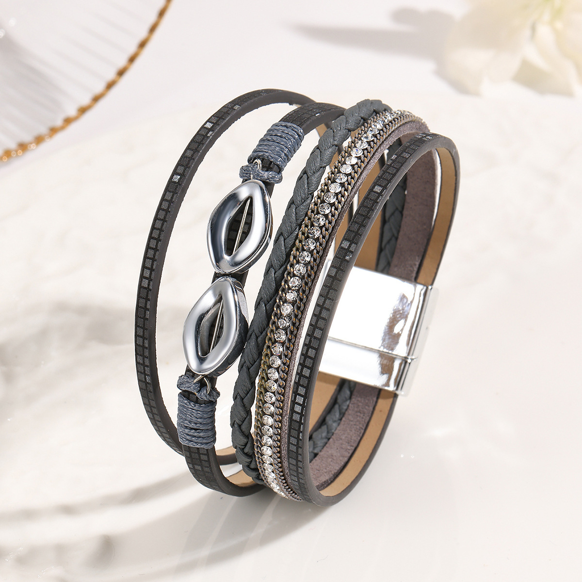 MYK2004-Multi-layered diamond-encrusted ethnic-style leather bracelet