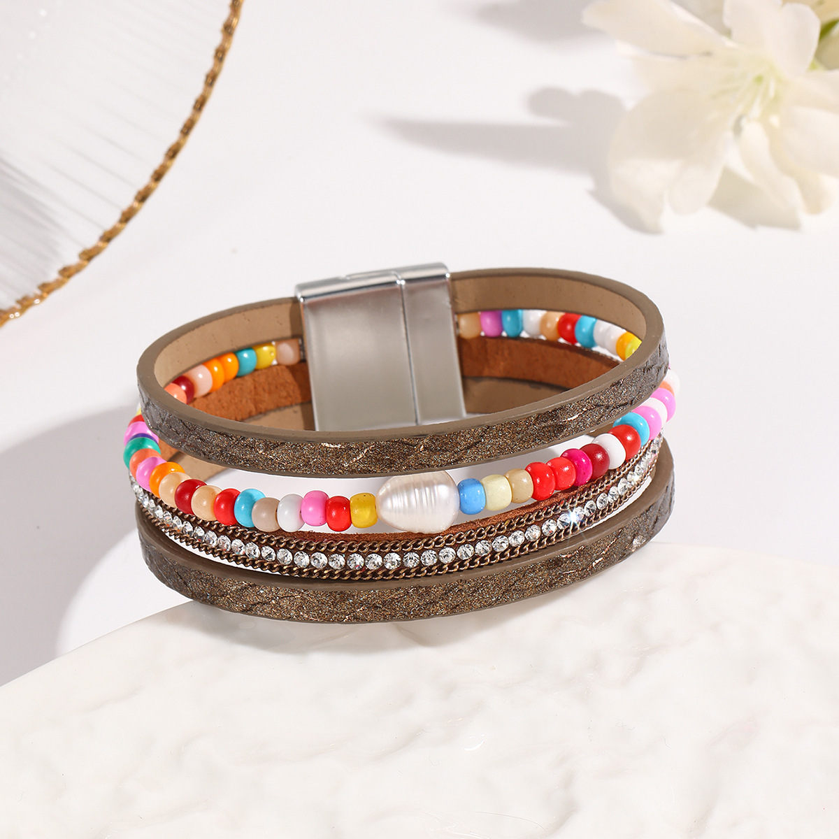 MYK1999-Bohemian style magnetic clasp leather bracelet with multi-layered wrapping.