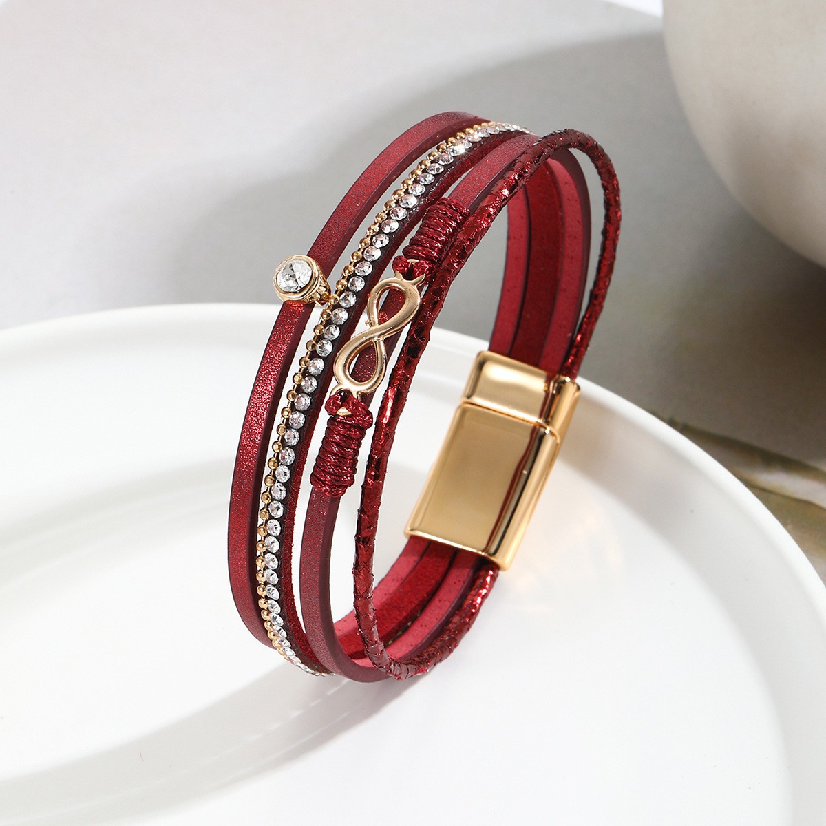 MYK1987-Bohemian infinity symbol woven leather bracelet with rhinestone magnetic clasp