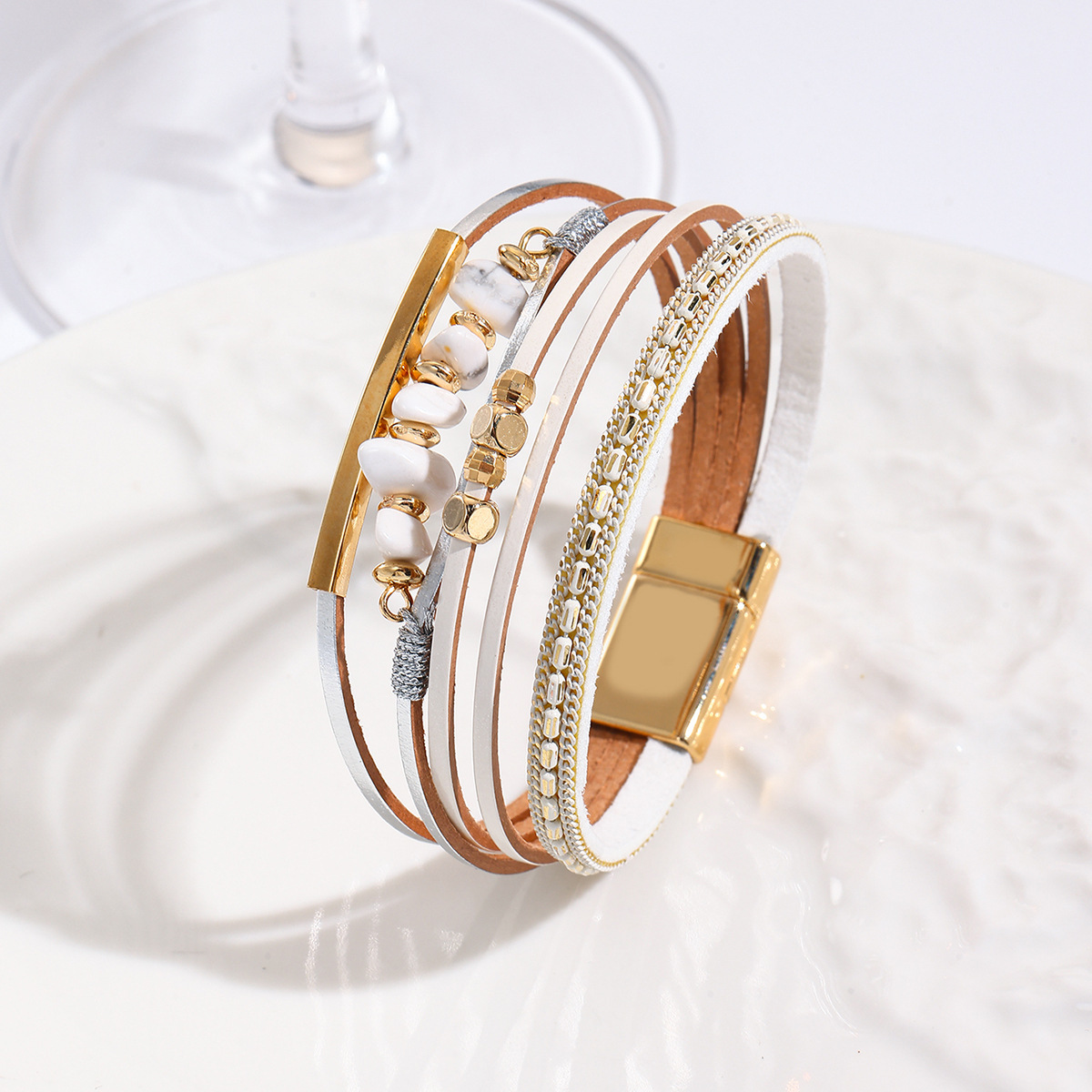 MYK1989-Bohemian style color-blocked pebble magnetic clasp PU leather bracelet