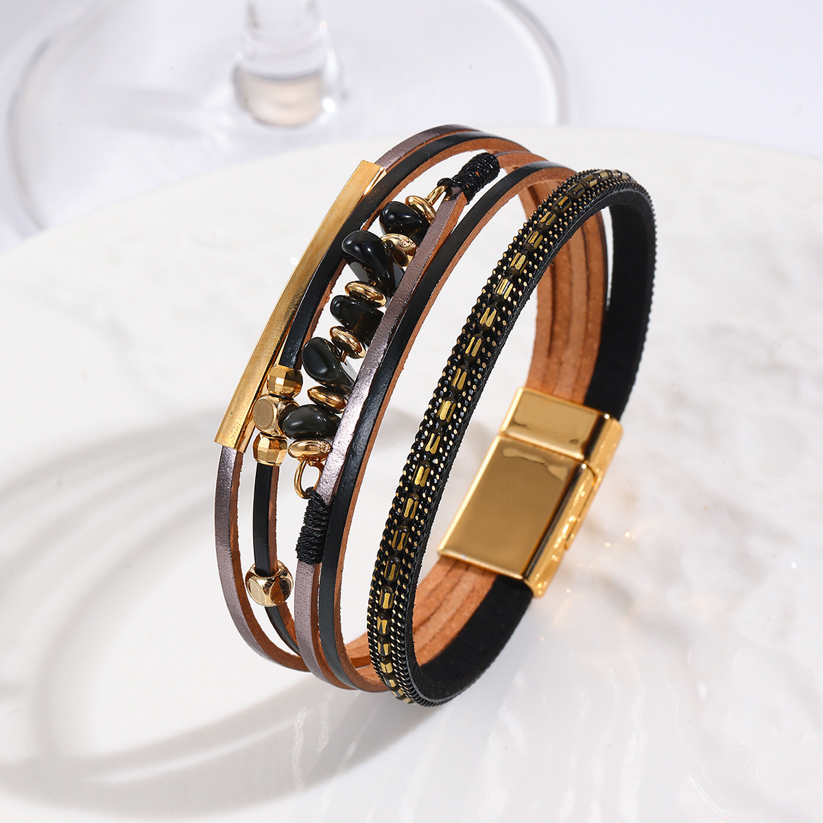 MYK1989-Bohemian style color-blocked pebble magnetic clasp PU leather bracelet