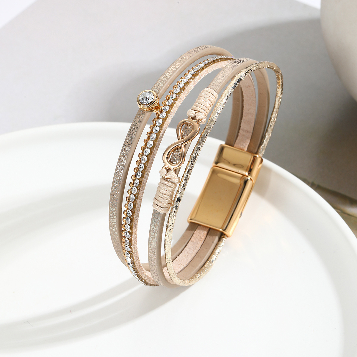 MYK1987-Bohemian infinity symbol woven leather bracelet with rhinestone magnetic clasp