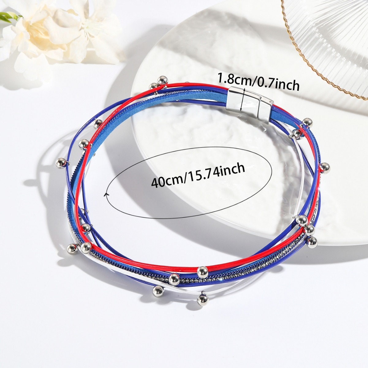 MYK2008-Red, white and blue double-ringed beaded multi-layered diamond-encrusted magnetic clasp bracelet