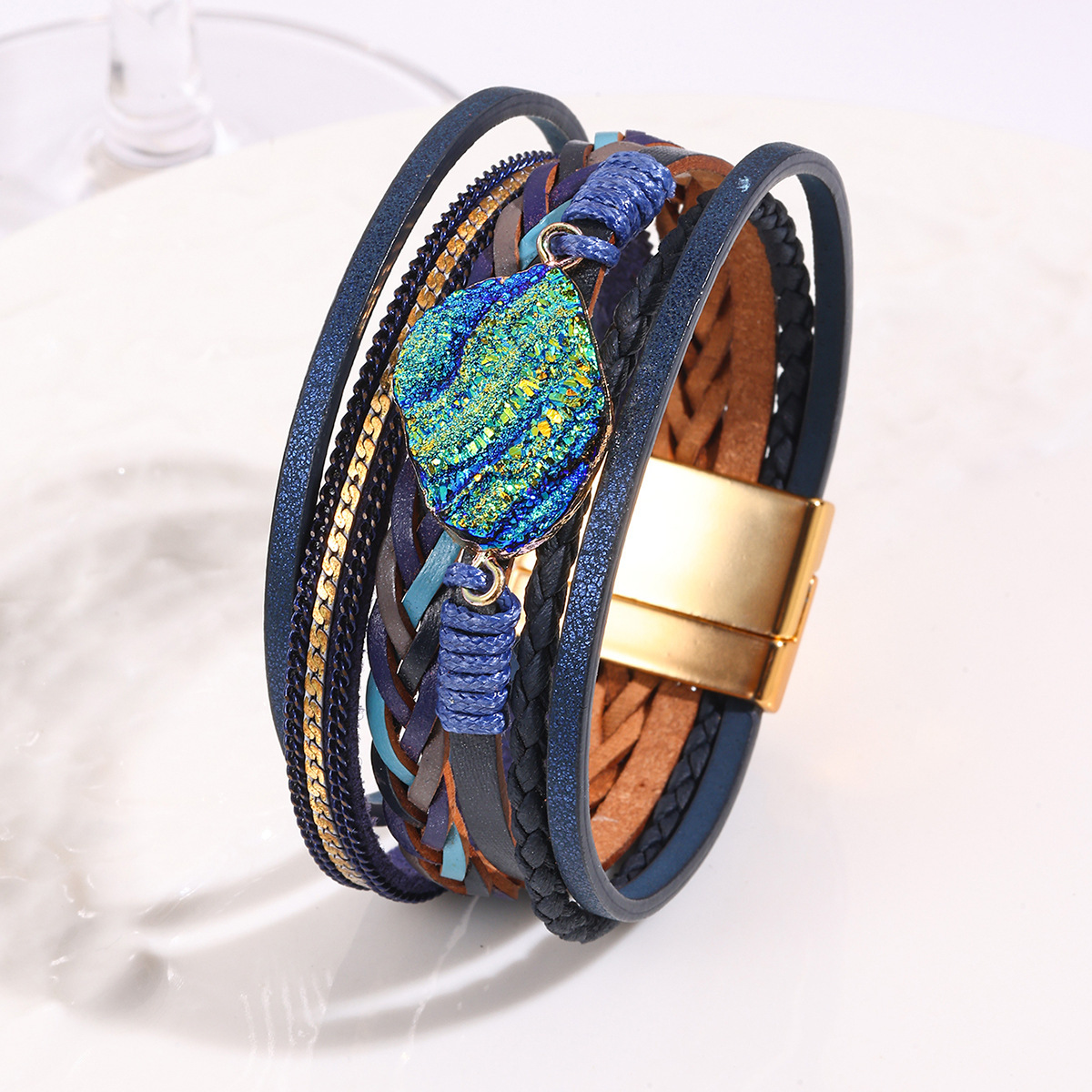 MYK1991-Bohemian ethnic style multi-layered leather hand-woven rhinestone magnetic clasp bracelet