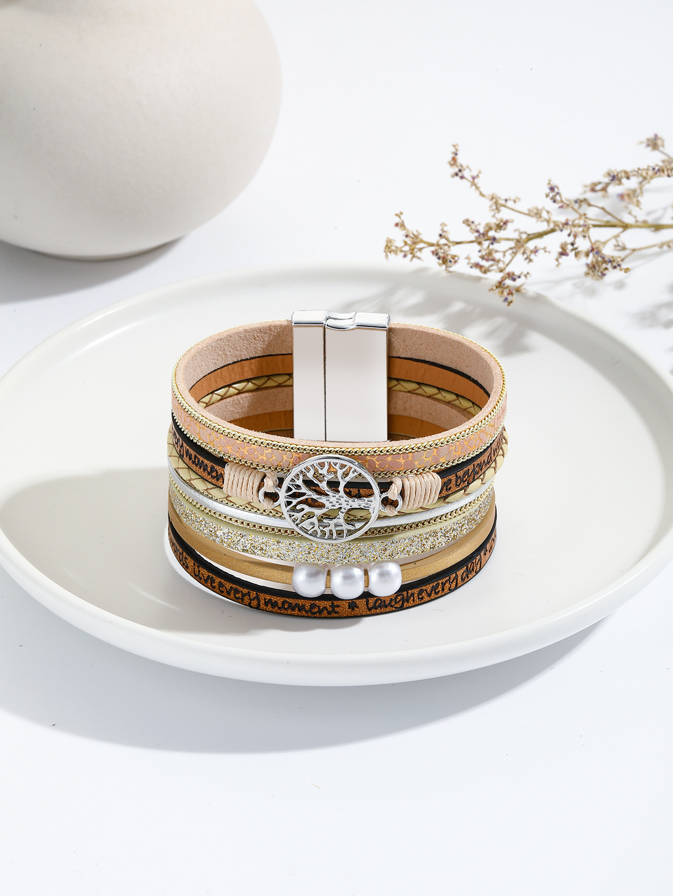 MYK1979-Bohemian Leather Multi-Layer Vintage Tree of Life Pearl Hand-Woven Magnetic Clasp Bracelet