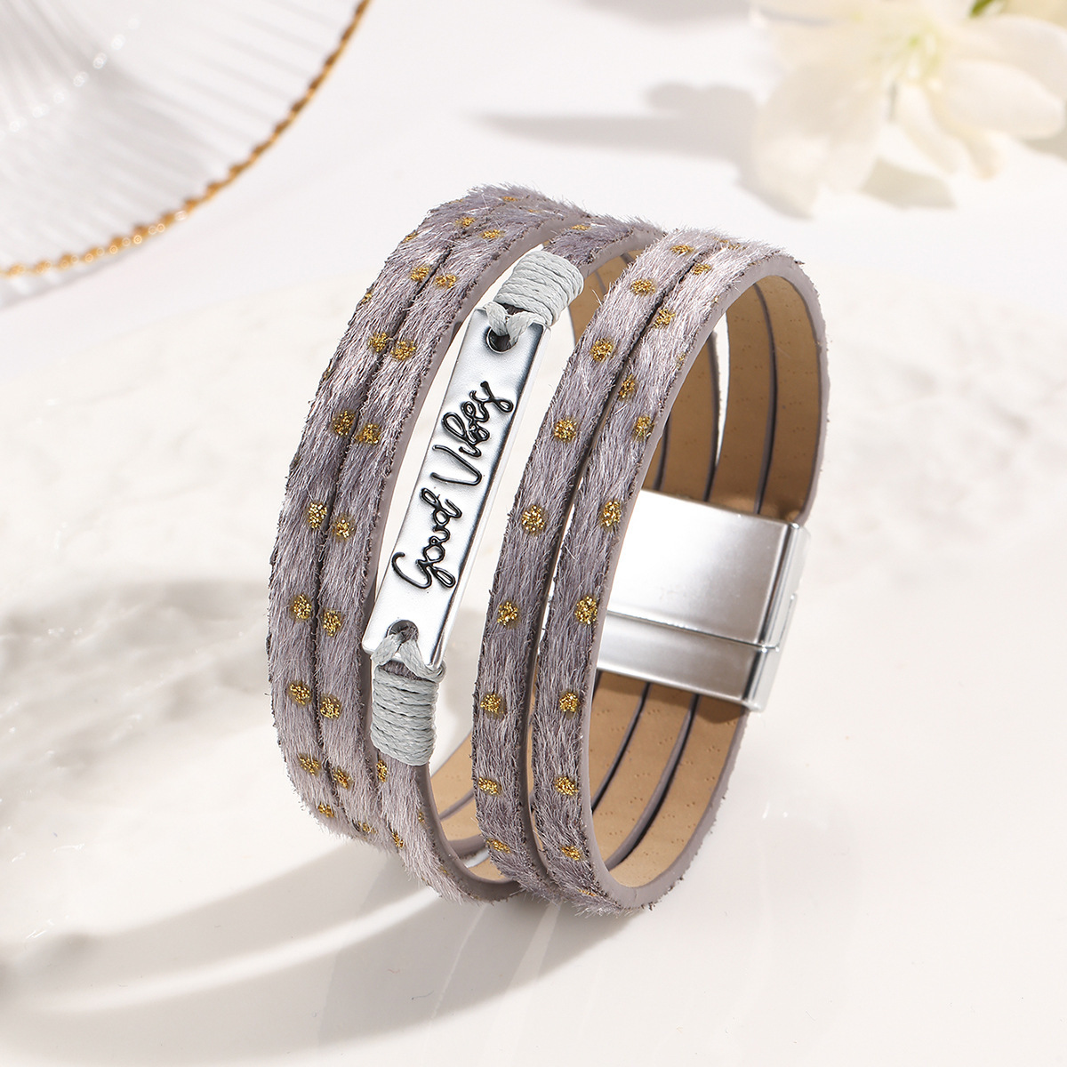 MYK1997-Bohemian ethnic style crystal iron multi-layer wide-edge leather bracelet