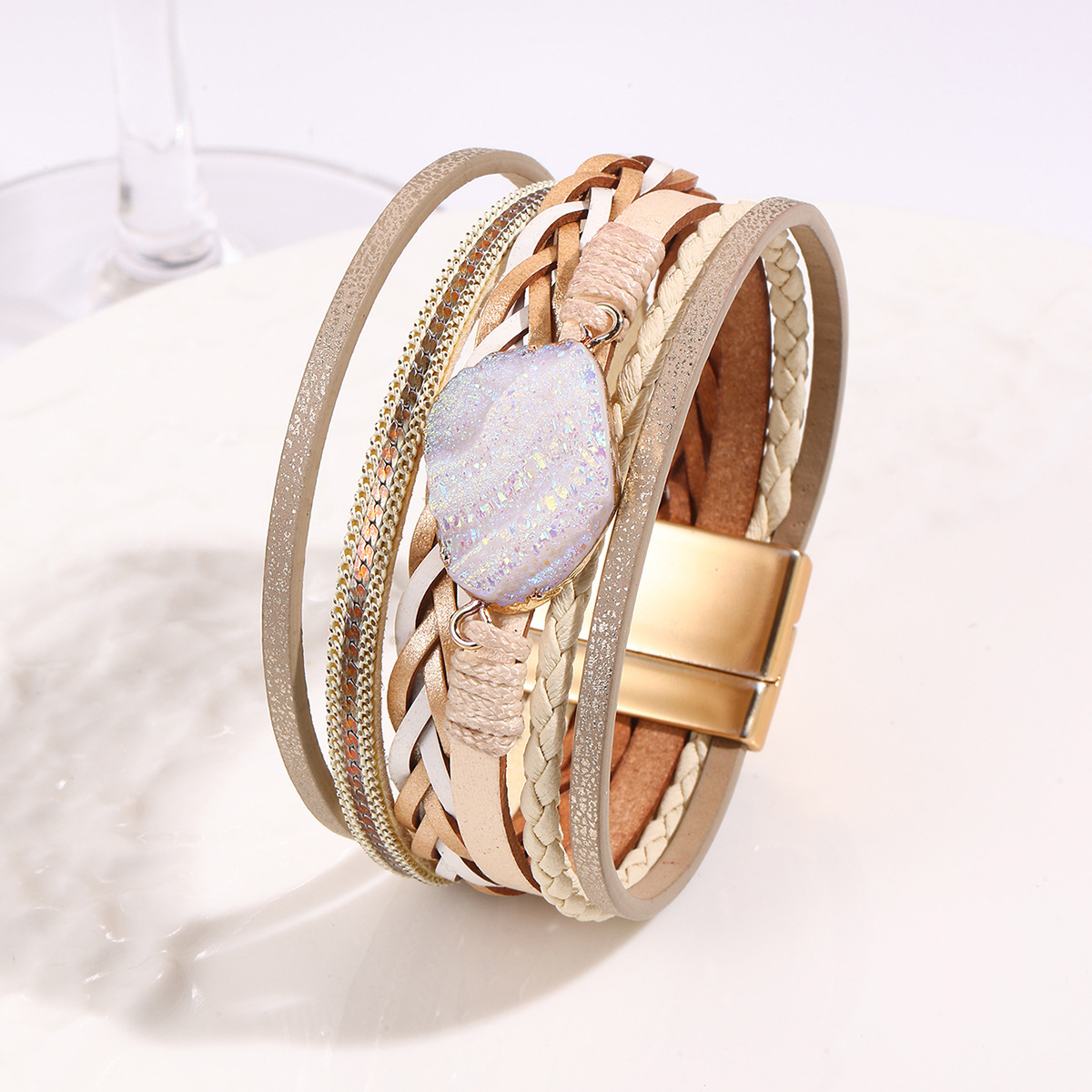MYK1991-Bohemian ethnic style multi-layered leather hand-woven rhinestone magnetic clasp bracelet