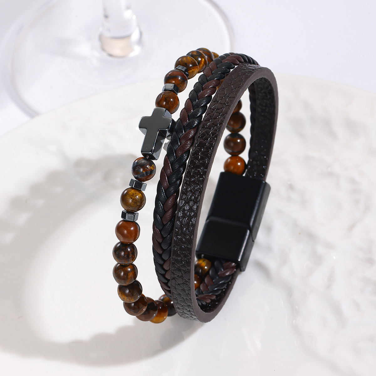 MYK1996-Natural stone men's leather woven beaded alloy magnetic clasp cross bracelet