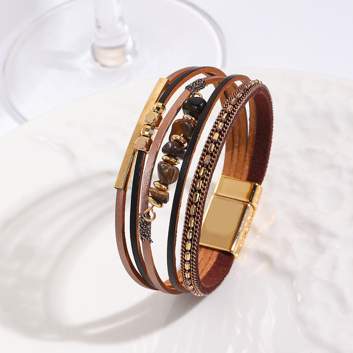 MYK1989-Bohemian style color-blocked pebble magnetic clasp PU leather bracelet