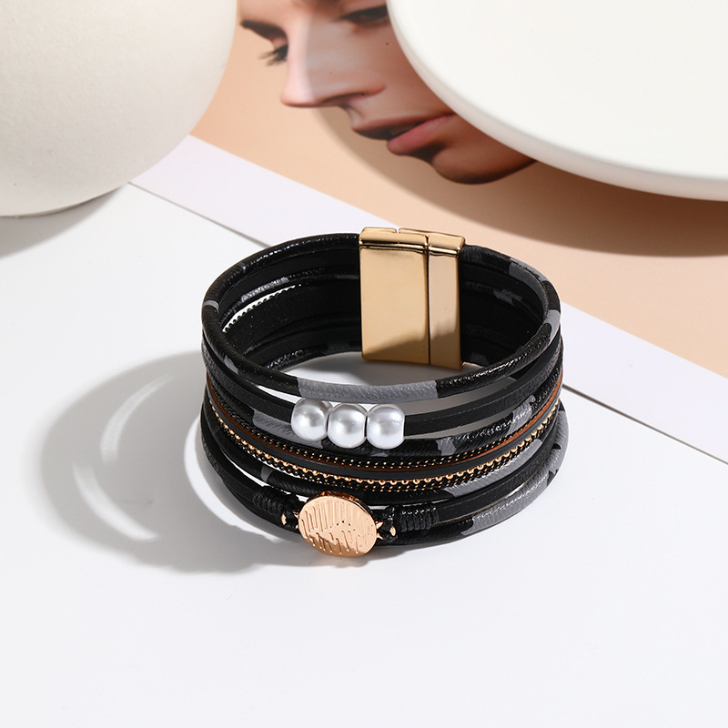 MYK2001-Multi-layered leopard print pearl magnetic bracelet with multiple PU leather links