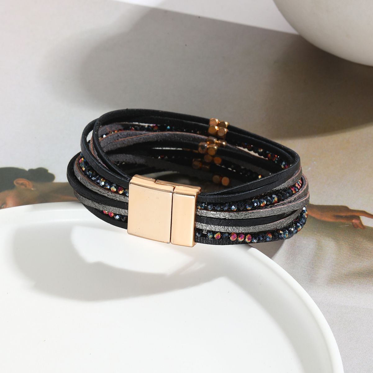 MYK2000-Vintage metal bead soft leather bracelet