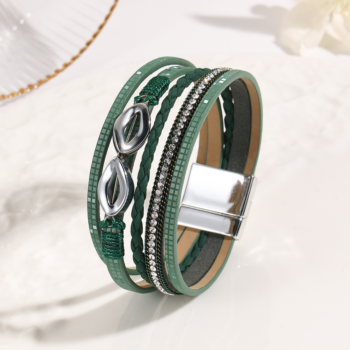 MYK2004-Multi-layered diamond-encrusted ethnic-style leather bracelet
