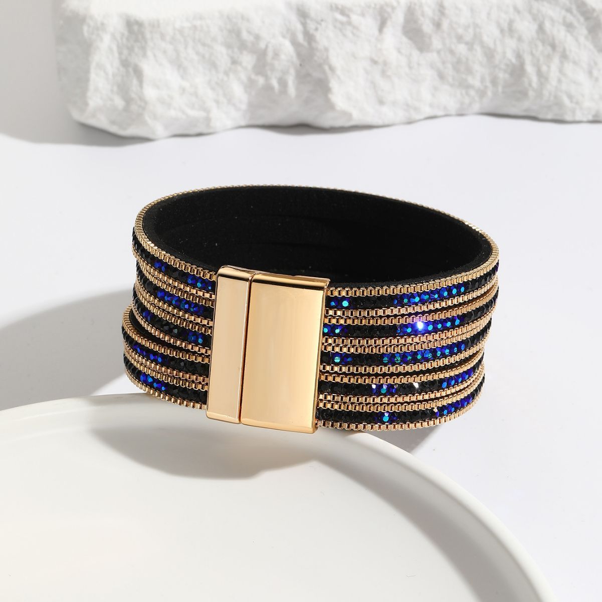 MYK2002-Multi-layered color-blocked chain, rhinestone-encrusted PU leather, magnetic clasp bracelet