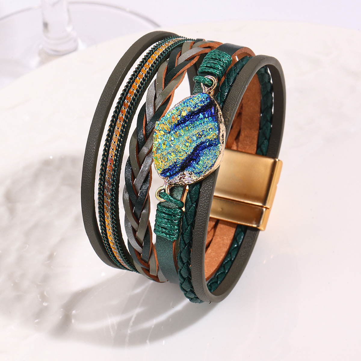 MYK1991-Bohemian ethnic style multi-layered leather hand-woven rhinestone magnetic clasp bracelet