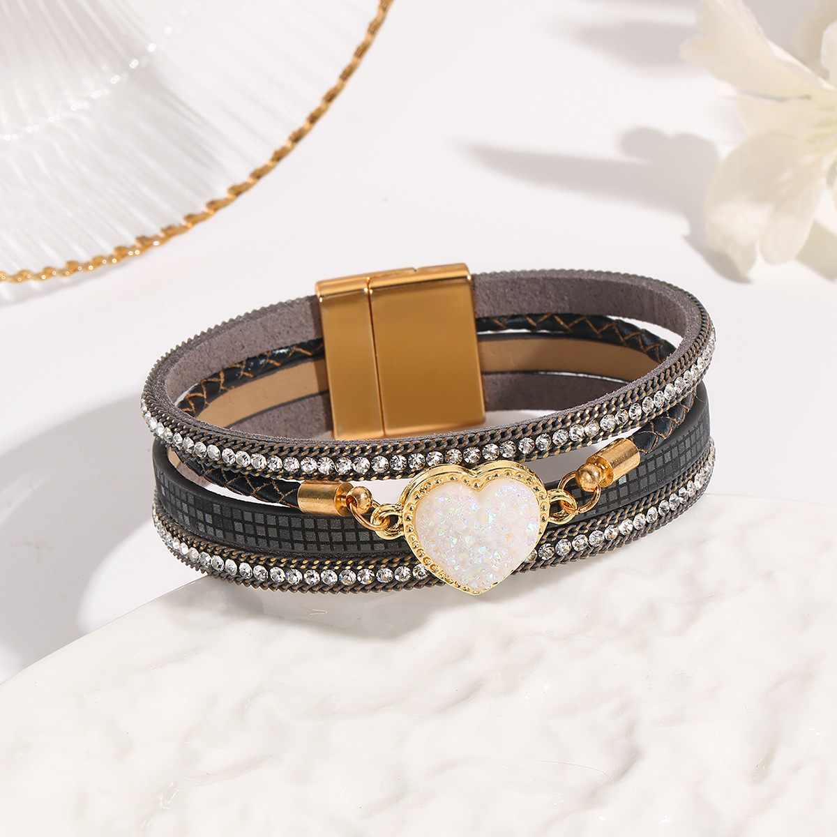 MYK1998-Leather woven heart-shaped crystal Bohemian diamond-encrusted magnetic clasp bracelet