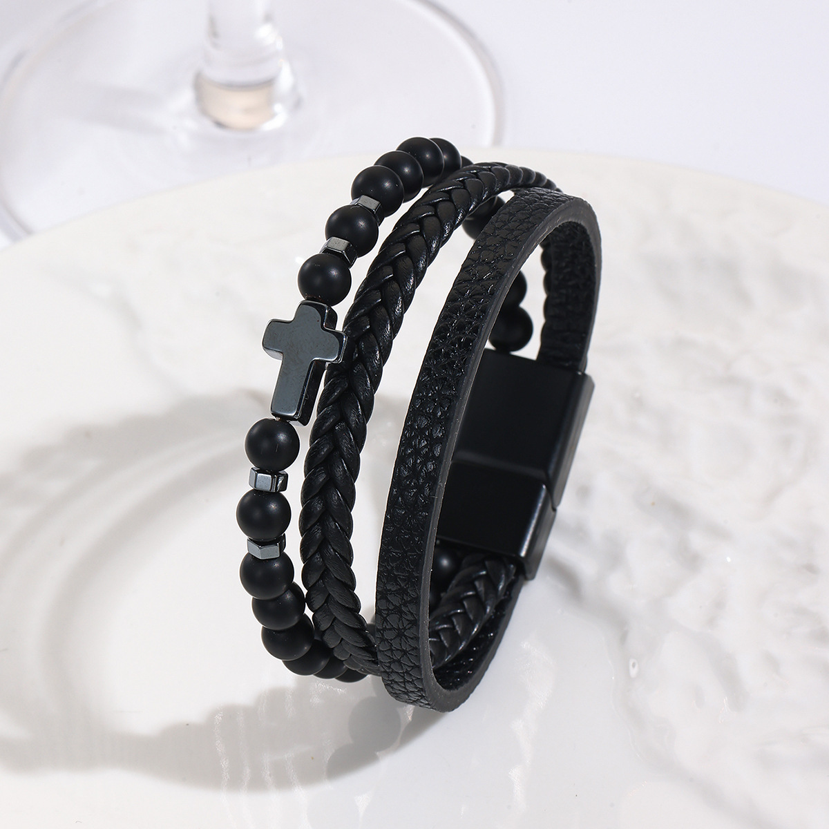 MYK1996-Natural stone men's leather woven beaded alloy magnetic clasp cross bracelet