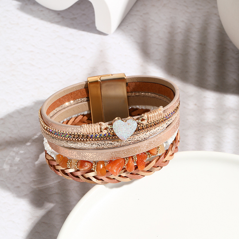 MYK1981-Heart-shaped pendant, vintage handmade woven PU multi-layered rhinestone-encrusted ethnic style irregular pebble bracelet