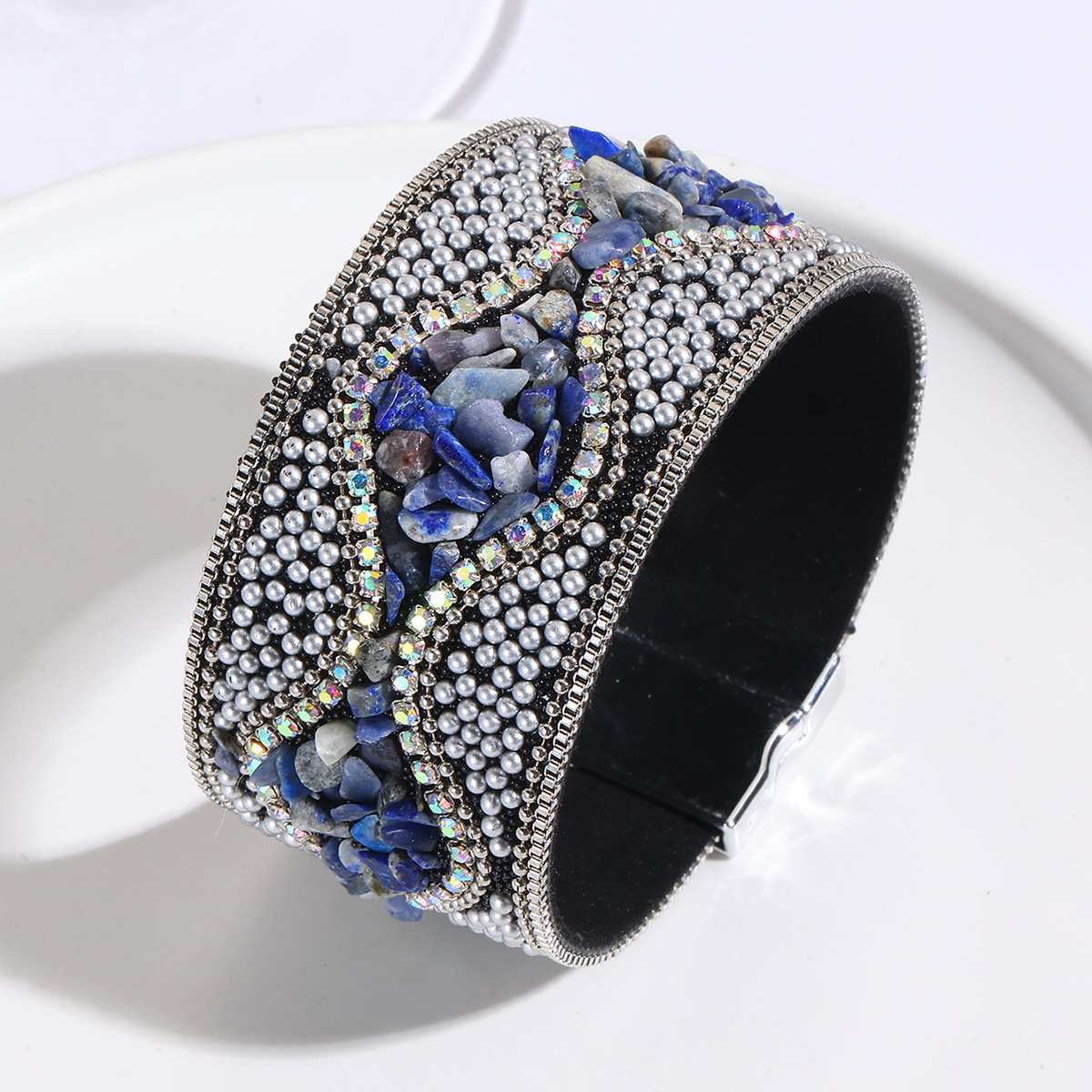 MYK1983-Pebble Seed Beads Leather Bohemian Style Gemstone Bracelet with Stainless Steel Magnetic Clasp