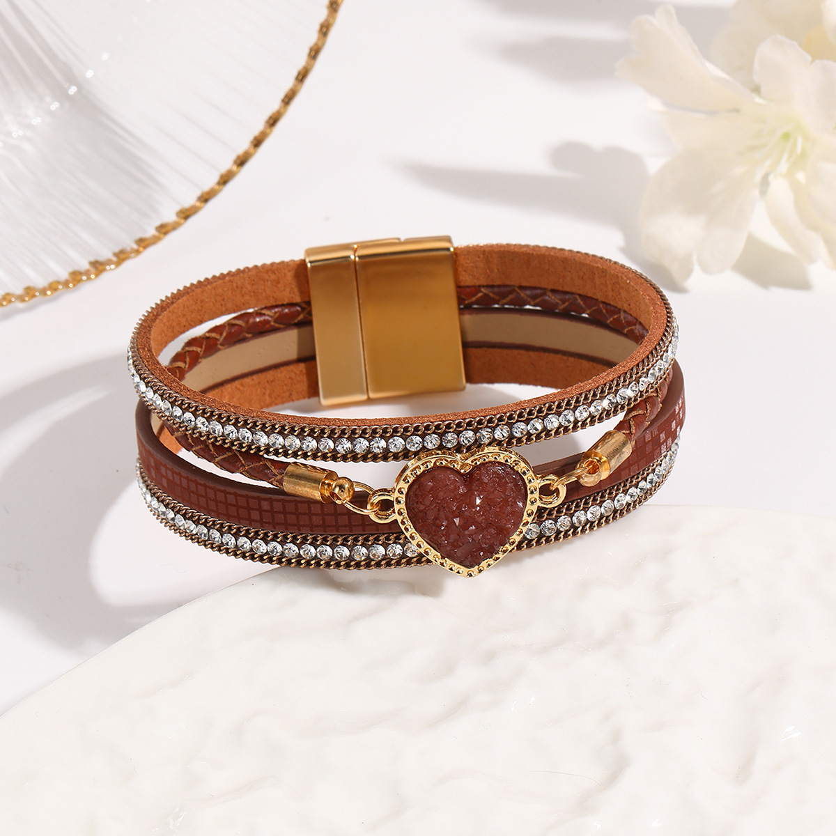 MYK1998-Leather woven heart-shaped crystal Bohemian diamond-encrusted magnetic clasp bracelet