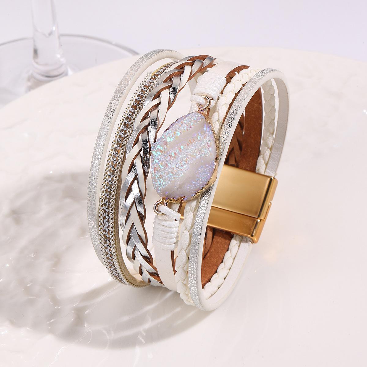 MYK1991-Bohemian ethnic style multi-layered leather hand-woven rhinestone magnetic clasp bracelet