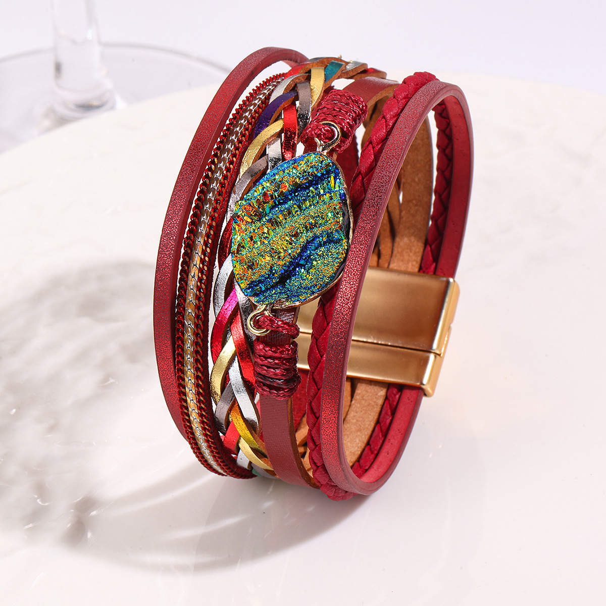 MYK1991-Bohemian ethnic style multi-layered leather hand-woven rhinestone magnetic clasp bracelet