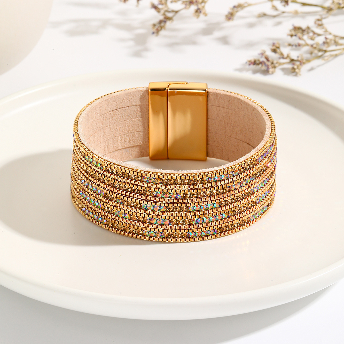 MYK1992-Fully diamond-encrusted leather wide-brimmed magnetic clasp bracelet