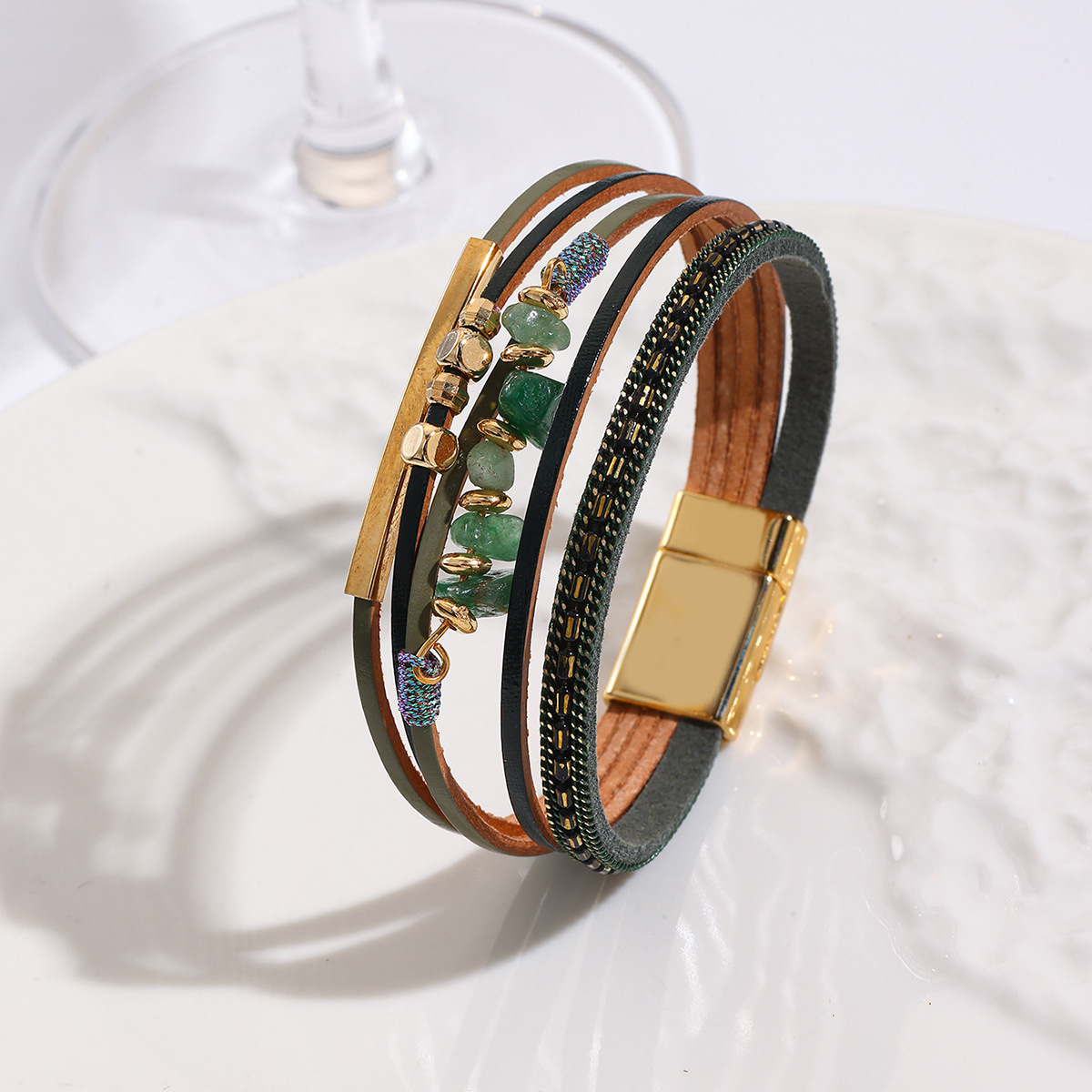 MYK1989-Bohemian style color-blocked pebble magnetic clasp PU leather bracelet