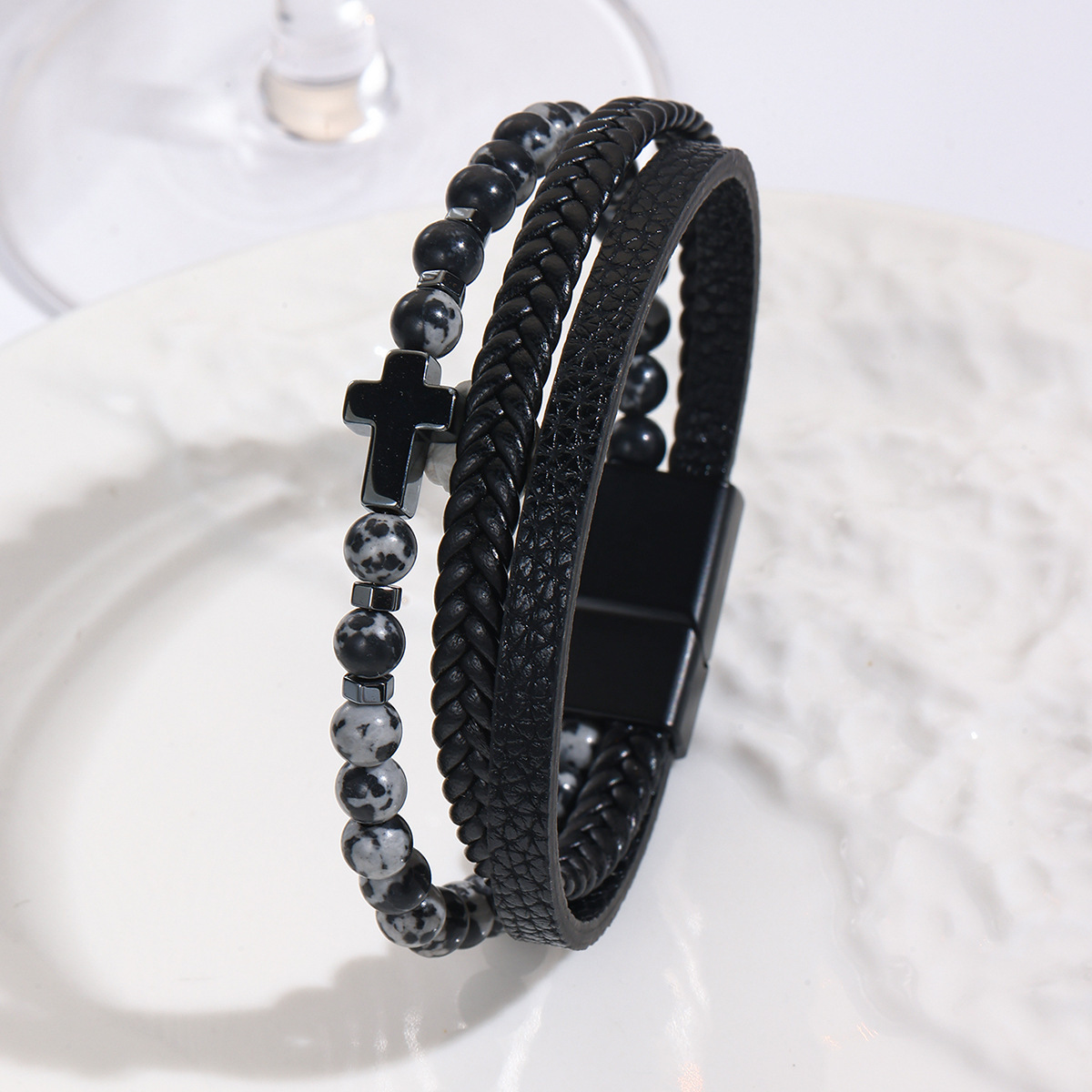 MYK1996-Natural stone men's leather woven beaded alloy magnetic clasp cross bracelet
