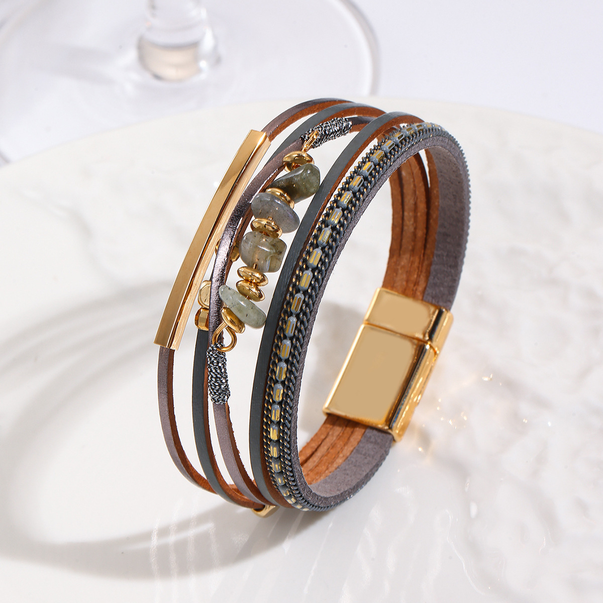 MYK1989-Bohemian style color-blocked pebble magnetic clasp PU leather bracelet