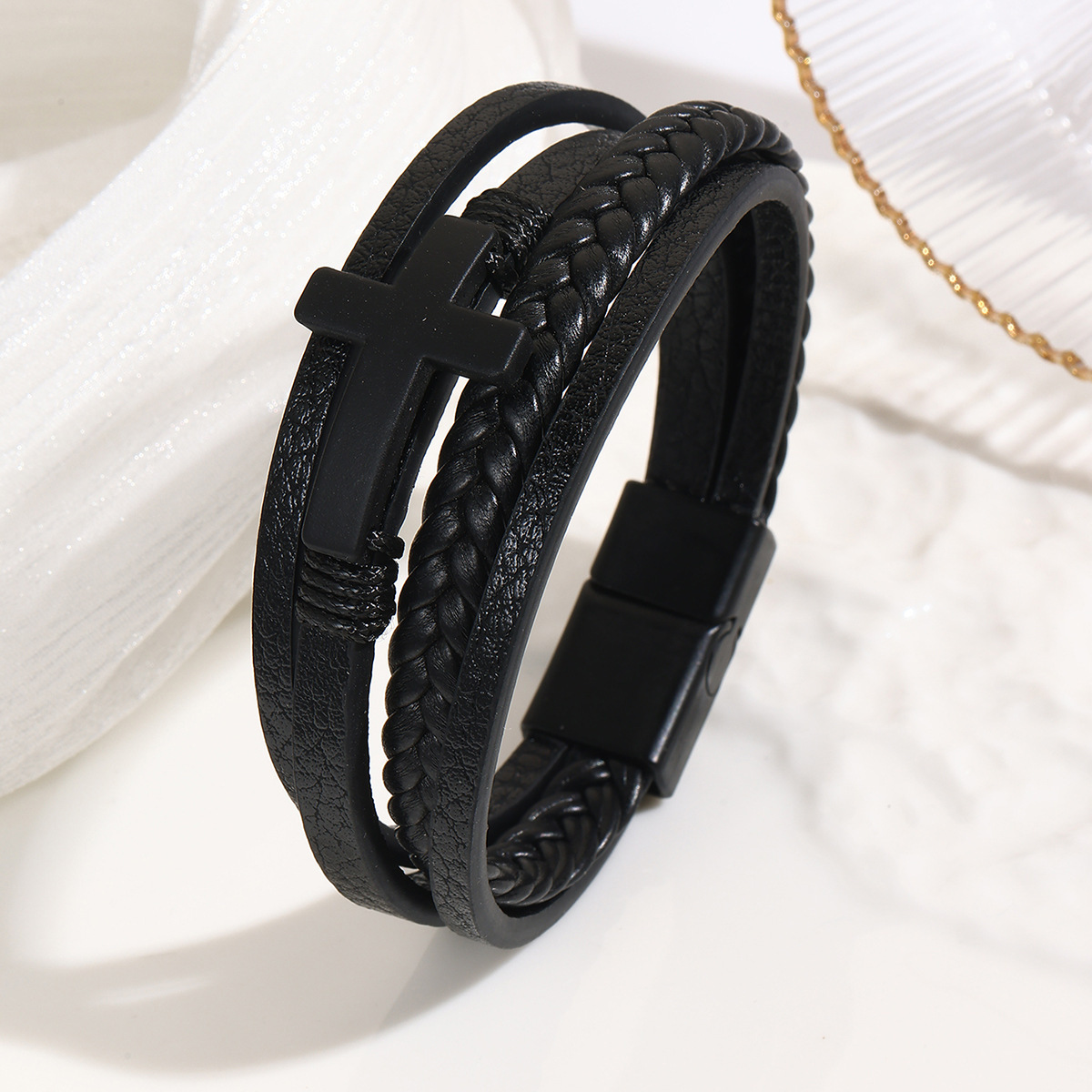 MYK1985-Hand-woven leather bracelet with magnetic clasp and cross design, stainless steel bracelet