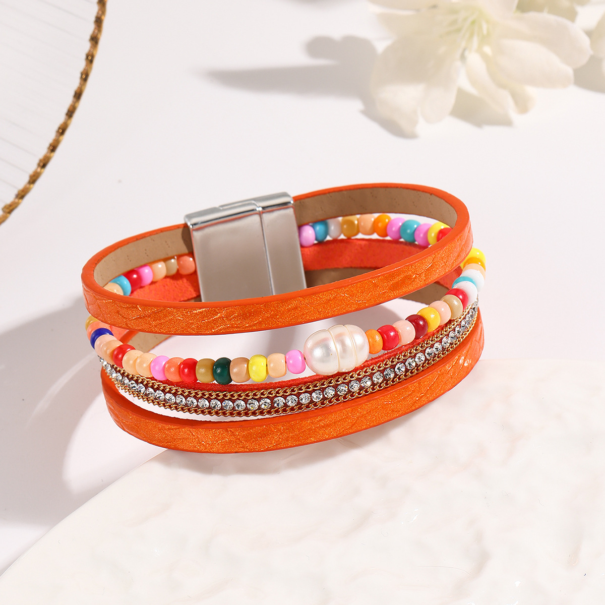 MYK1999-Bohemian style magnetic clasp leather bracelet with multi-layered wrapping.