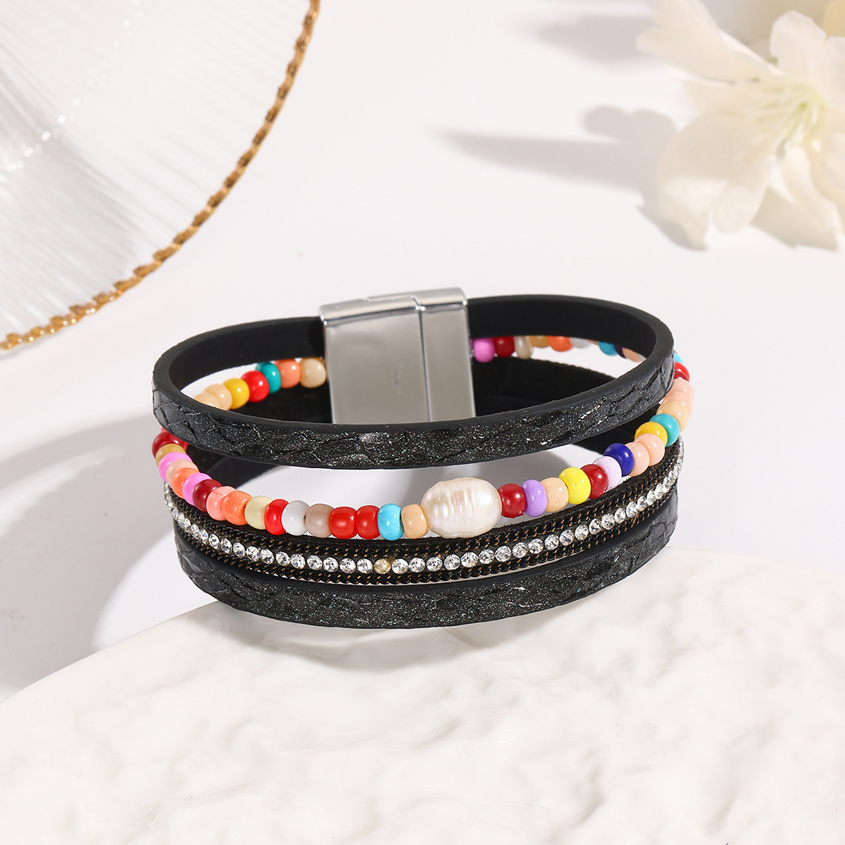 MYK1999-Bohemian style magnetic clasp leather bracelet with multi-layered wrapping.