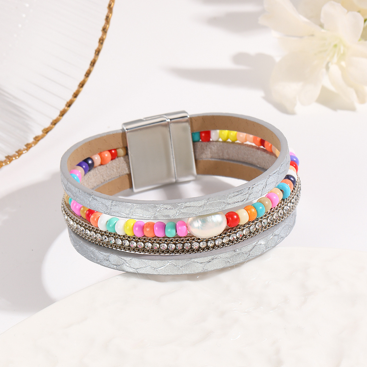 MYK1999-Bohemian style magnetic clasp leather bracelet with multi-layered wrapping.