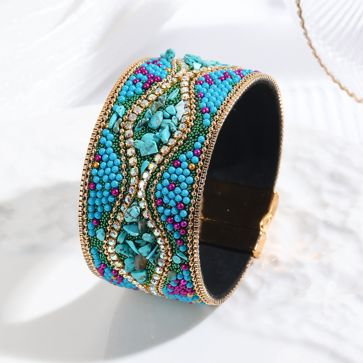 MYK1983-Pebble Seed Beads Leather Bohemian Style Gemstone Bracelet with Stainless Steel Magnetic Clasp