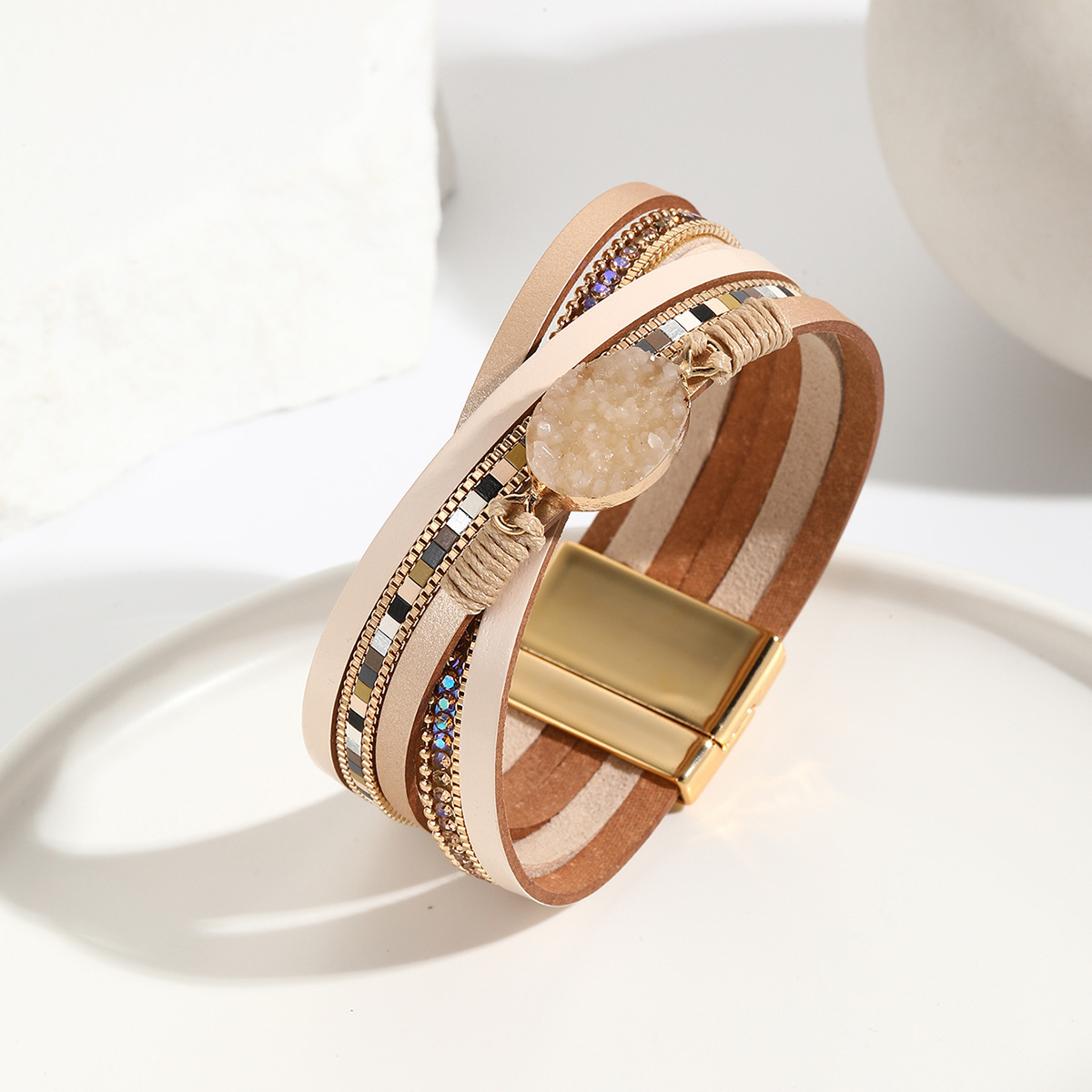 MYK2007-Multi-layer leather quartz rhinestone magnetic clasp bracelet