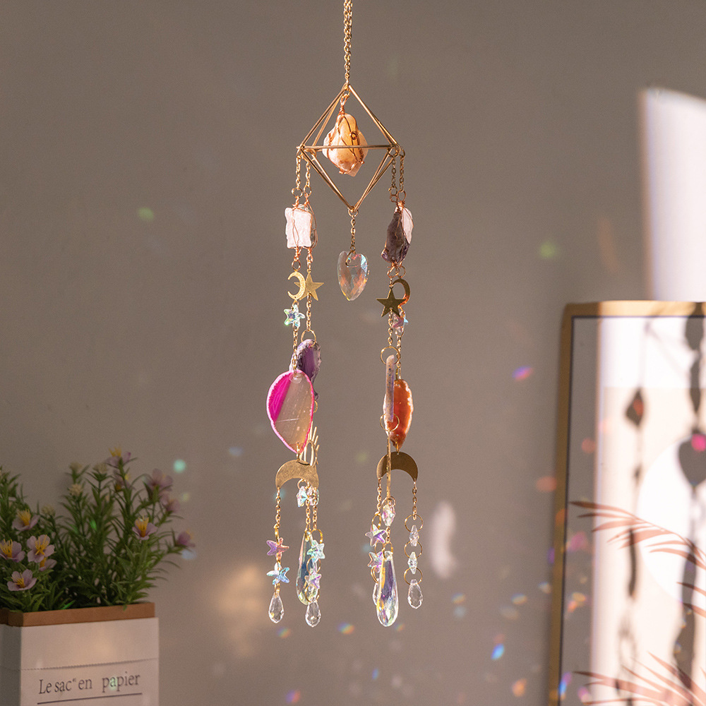 Crystal Pendant Suncatcher with Green Dongling Agate Slices - Dreamcatcher