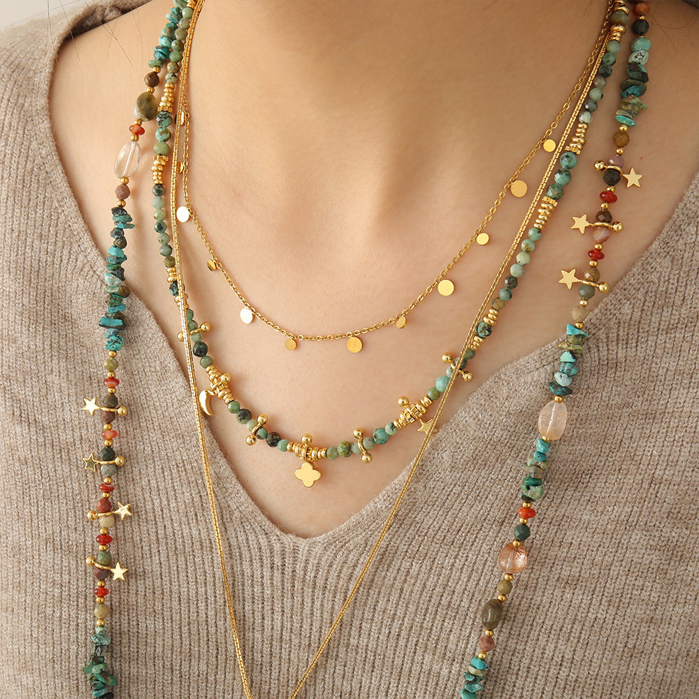 MYK2016-Vintage handmade layered Baroque pearl necklace, African pine natural stone beaded sweater chain