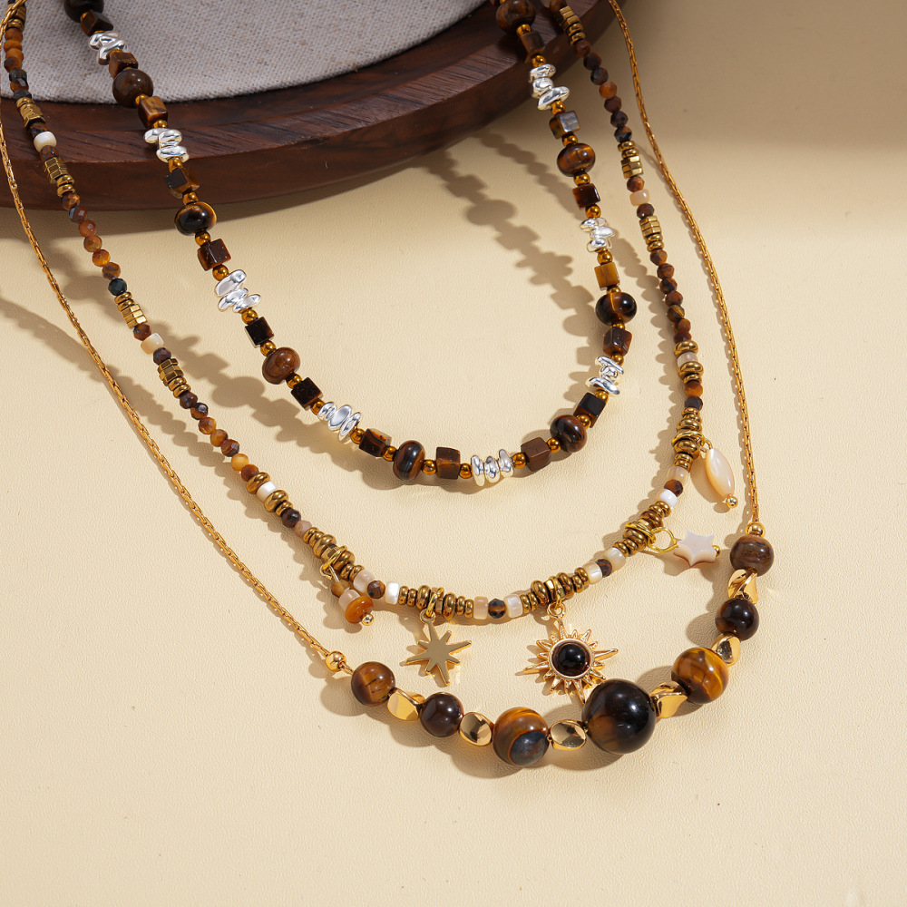 MYK2013-Vintage Tiger Eye Sun Pendant Clavicle Sweater Chain Maillard Geometric High-End Necklace