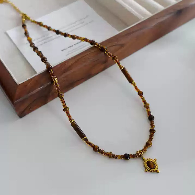MYK2025-Maillard Amber Color Imported Seed Bead Tiger Eye Necklace