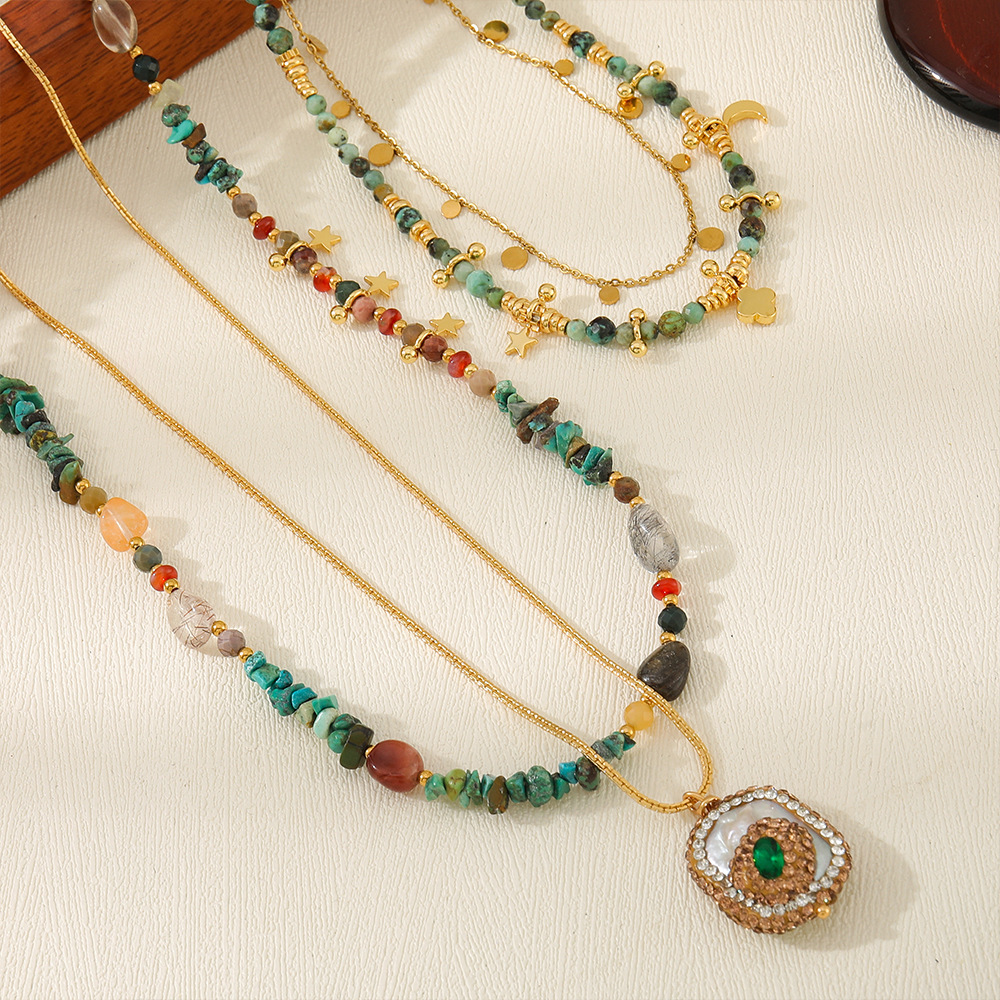 MYK2016-Vintage handmade layered Baroque pearl necklace, African pine natural stone beaded sweater chain