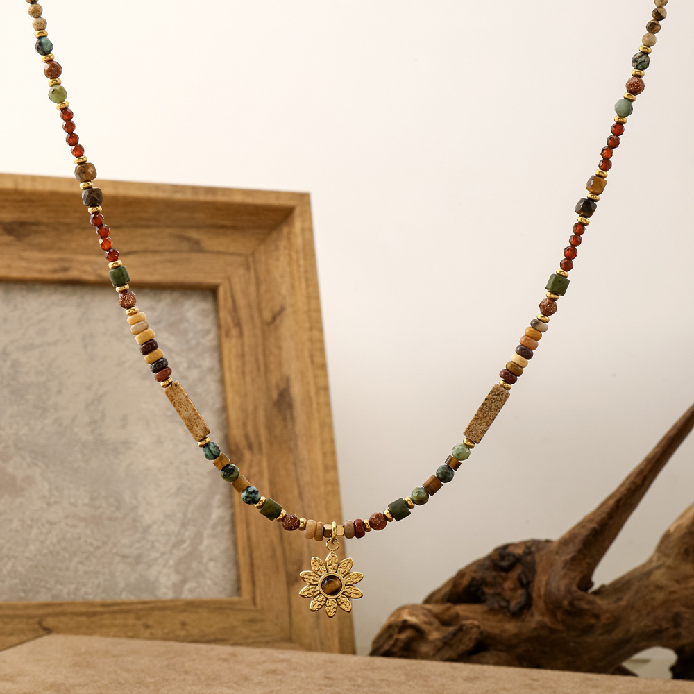 MYK2022-Norwegian Forest Sunflower Bohemian Style Natural Stone Titanium Steel Necklace